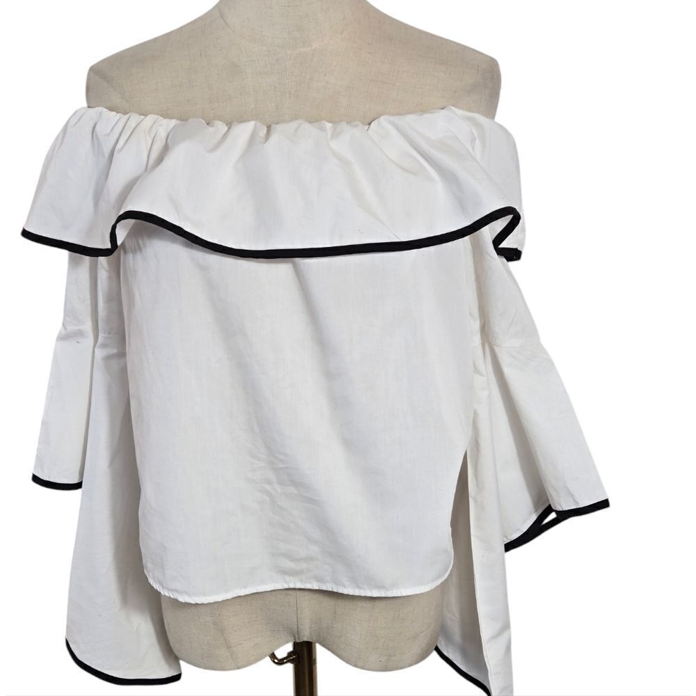Bleuh Ciel White Sailor Nautical Off Shoulder Bell Sleeve Top